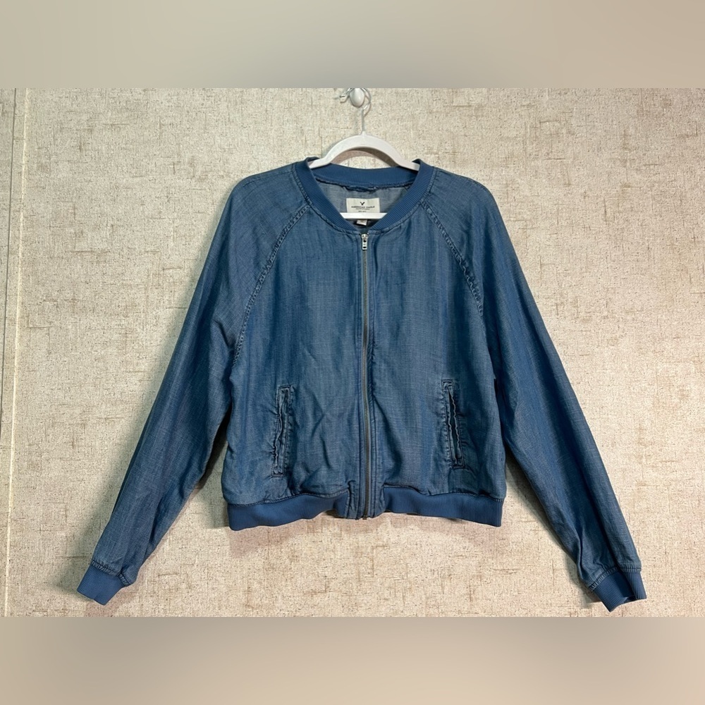 American Eagle Outfitters Chambray Bomber Jacket, Blue, Size XL
